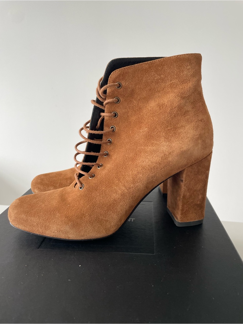 Saint Laurent Suede Lace-Up Ankle Boots Brown 38.5